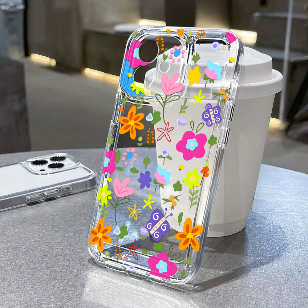 Clear Shockproof Bumper Case - Casing HP Transparan Motif Bunga Warna-warni