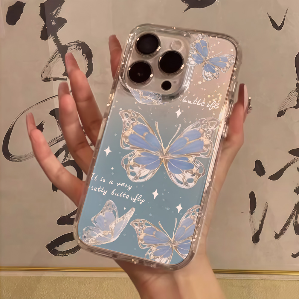 Clear Shockproof Bumper Case - Casing Ponsel Mewah Motif Kupu-Kupu Biru